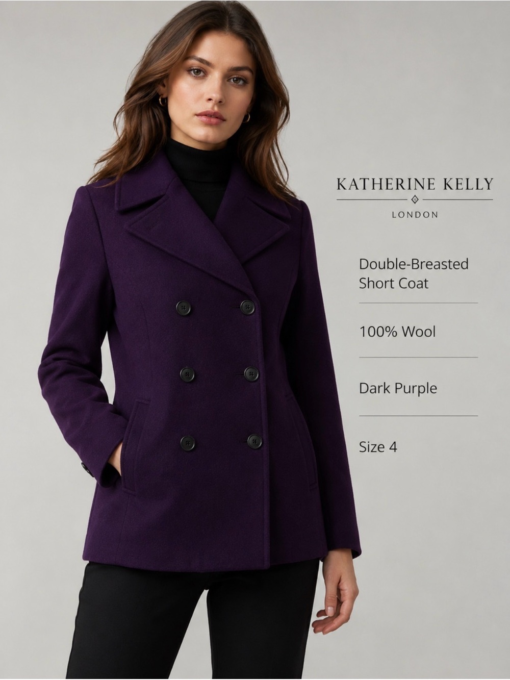 Katherine Kelly dark purple 4 size Double-Breasted 100% Wool short Coat